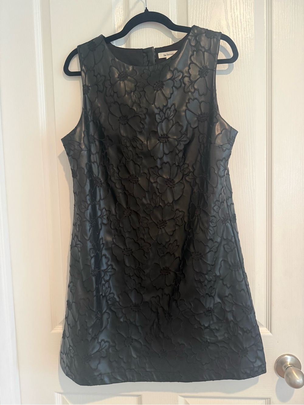 Sleeveless Floral Faux Leather Embroidered Shift Dress in Black
